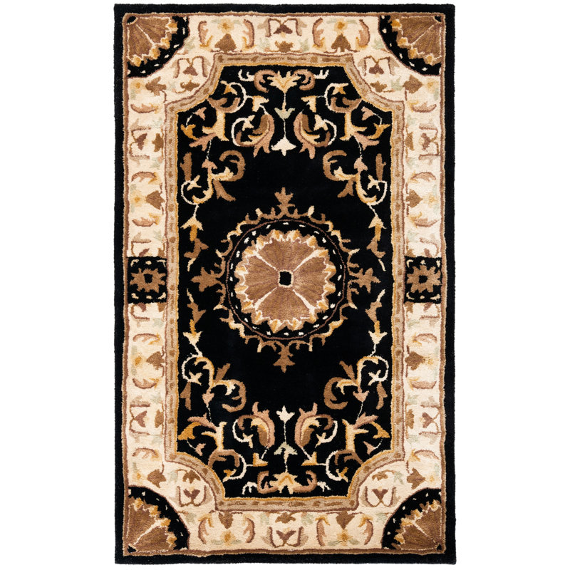 Atlasburg Oriental Hand-Knotted Wool Black Area Rug, Rectangle 3' x 5'