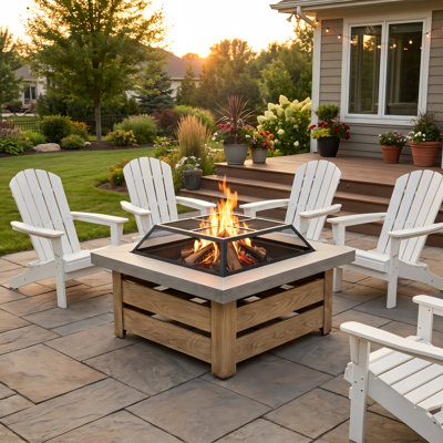 34.01Inch Square Wood-Burning Metal Fire Pit with Wood-Look Base
