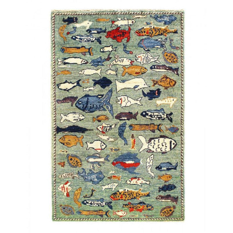 Tapis oriental vert / bleu clair / rouille / doré en laine / coton fait à la main 3 pi x 5 pi Rashyia