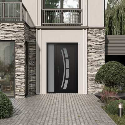 C12 droitier 48 po X 80 po Panneau en acier noir et verre givré noir et blanc avec porte d'entrée avant en verre givré Sidelite