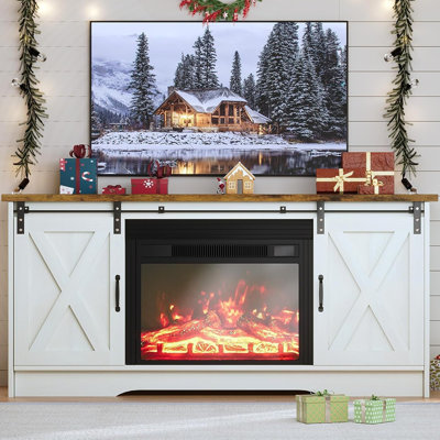 Meuble télé avec foyer et porte de grange coulissante blanche avec foyer électrique de 23 po et armoires de rangement réglables