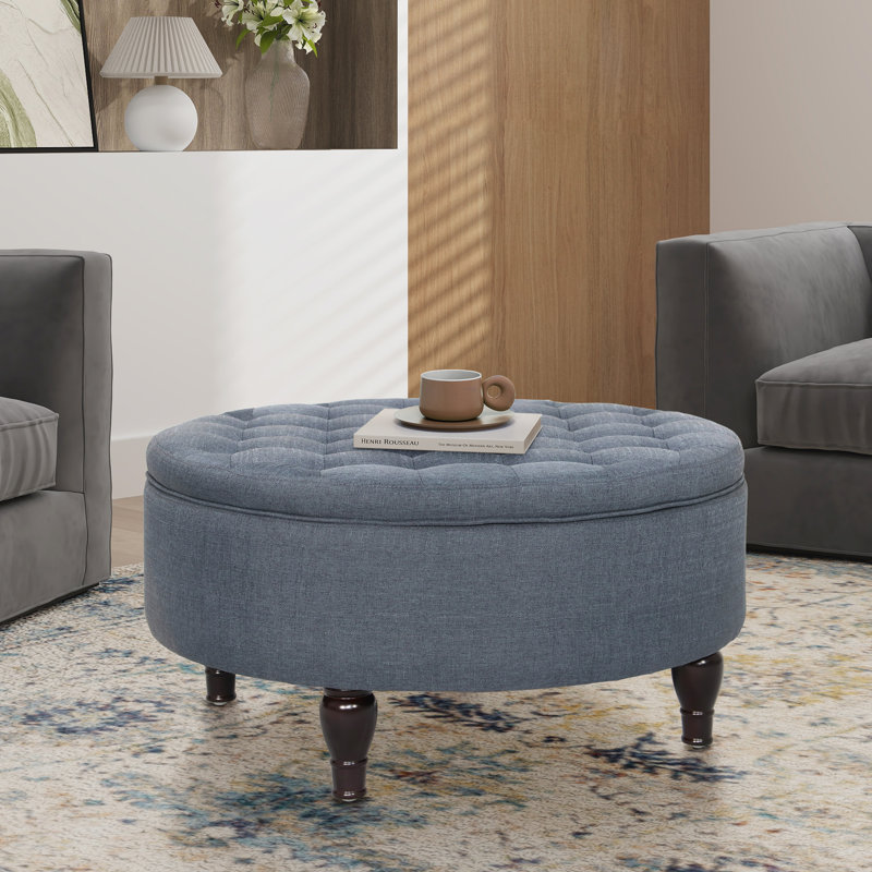 32'' Wide Tufted Round Storage Ottoman, Navy 100% Linen