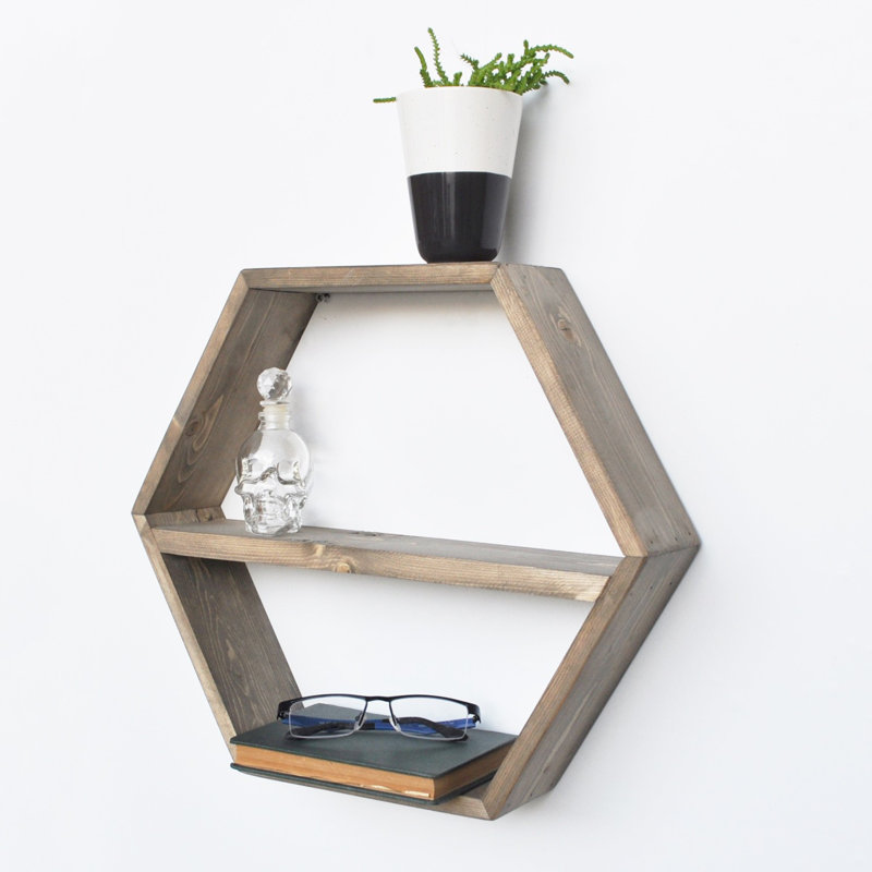 Étagère flottante hexagonale en bois massif 3 pièces avec tablettes réglables Kennedi