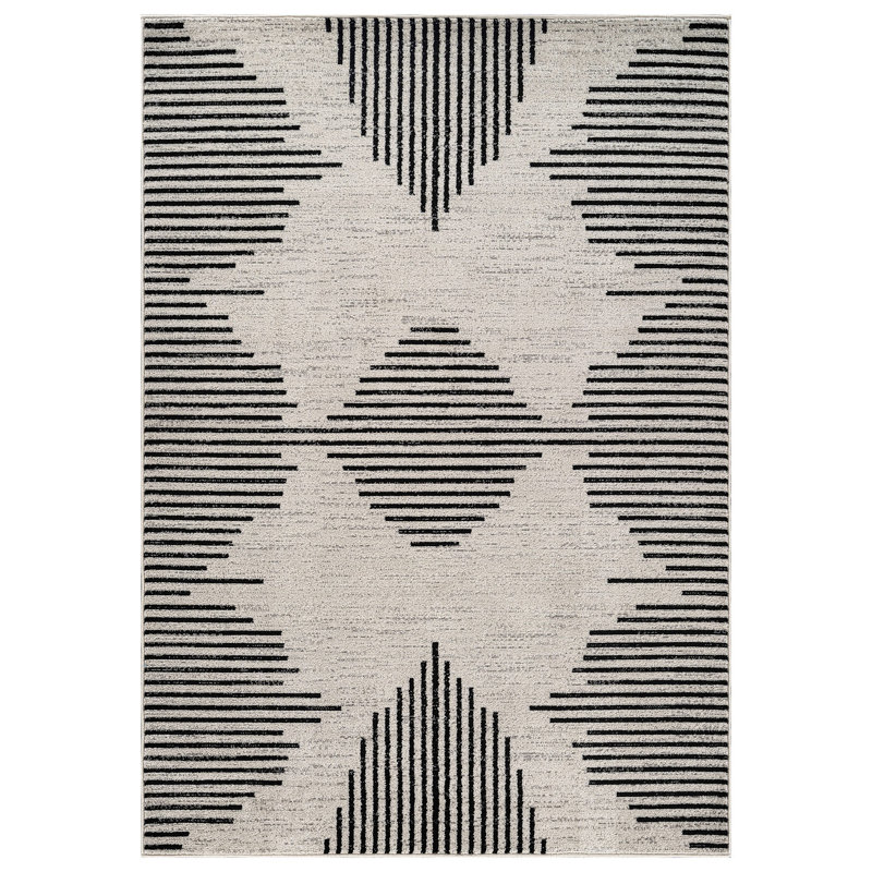 Tapis moderne moderne à motif abstrait minimaliste, Crème/noir, Rectangulaire 7 pi 10 po x 10 pi