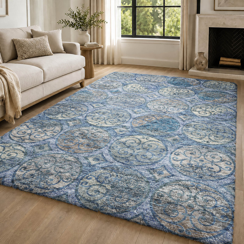 Tapis Dream Shag ADS738 à cercles, lavable à la machine de qualité supérieure, Blue, 5' x 7'6"
