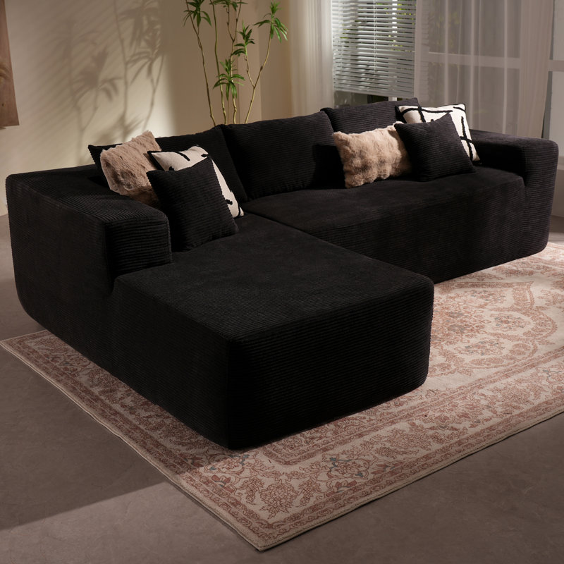 Boneless No Assembly Required Compression Packed 2 - Piece Corduroy Sofa, Black Polyester