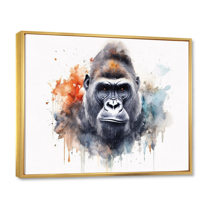 Coloré gorille II - animaux, impressions sur toile, Cadre flottant doré, H 30 po x l 40 po x P 1,5 po