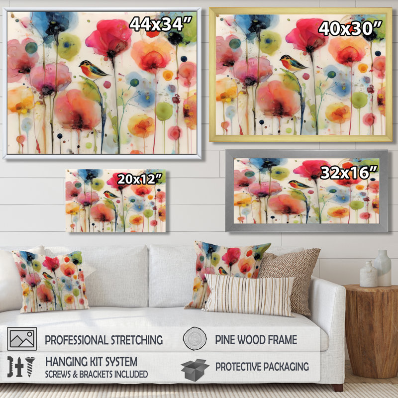 Aquarelle, jardins de coquelicots - impressions sur toile coquelicot, art floral rouge, H 30 po x l 40 po, Toile tendue
