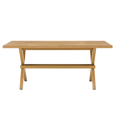 Modern Industrial Rectangular Dining Table with Light Oak Grain MDF Spliced Tabletop and Light Oak Tone X Shape Metal Frame Multi Purpose Dinner Table