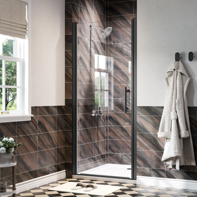 Porte de douche pivotante l 34 "x H 75" avec verre trempé, porte battante semi-sans cadre, noir mat