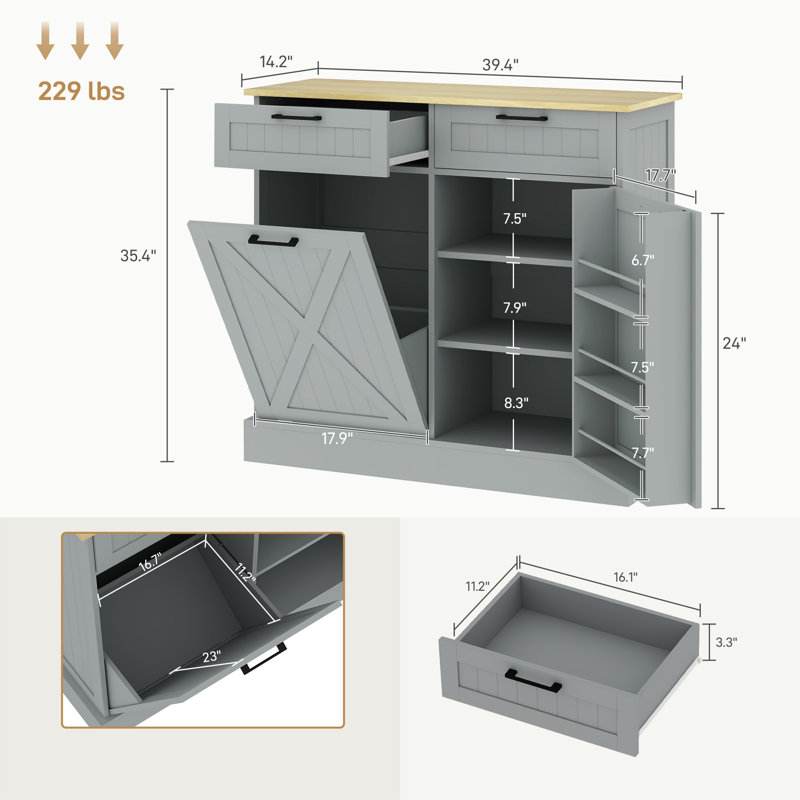 Tilt Out Trash Cabinet, Kitchen Island with 2 Drawers,wood, Gray