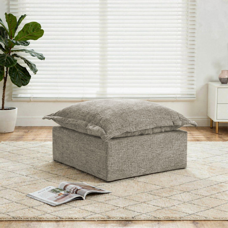 Upholstered Camel Chenille Square Ottoman with Oversized Soft Cushion Top – Fully Compressed, No Assembly Required, Camel