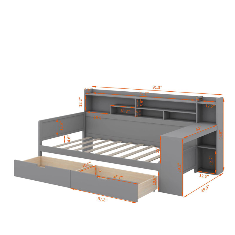 Wooden Twin Size Daybed With Storage Shelves, Multi-Functional Bed With Two Storage Drawers And Study Desk, Twin