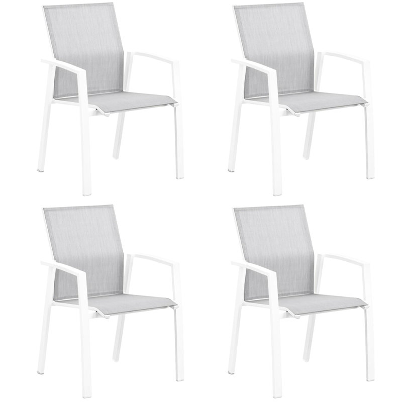 4 chaises de salle à manger d'extérieur en aluminium blanc, entièrement assemblées, mailles respirantes, empilables, capacité de poids de 360 lb, conception ergonomique, idéales pour recevoir 4 personnes, assemblées avec un confort empilable,