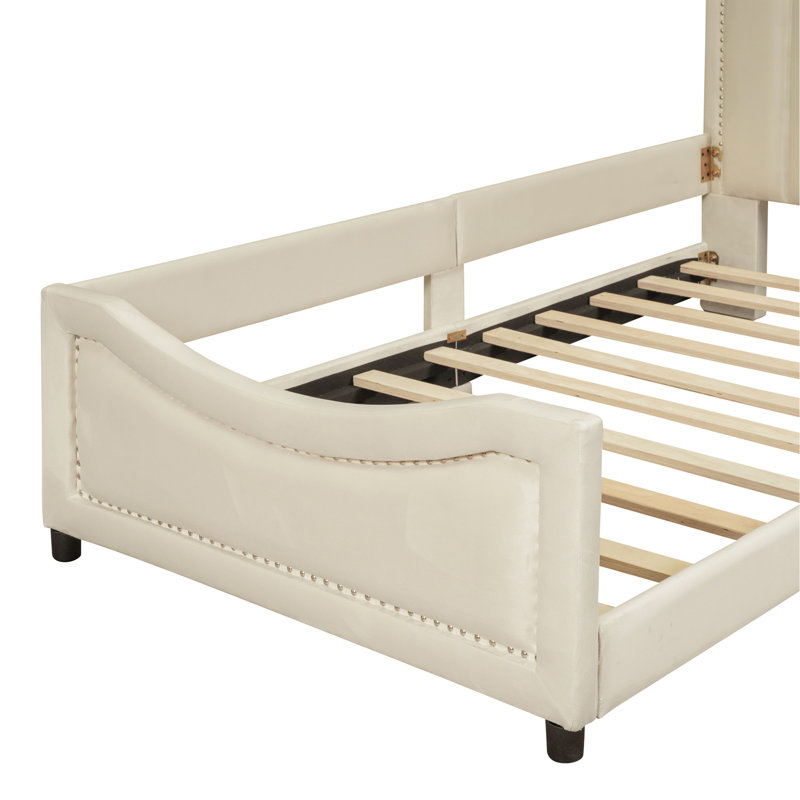 Lit de jour simple tapissier avec tête de lit à rayures classique, beige