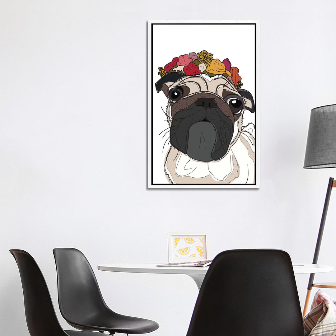 Mops mit Blumen von Sketch And Paws - Galerie-verpackte Leinwand Giclée auf Leinwand