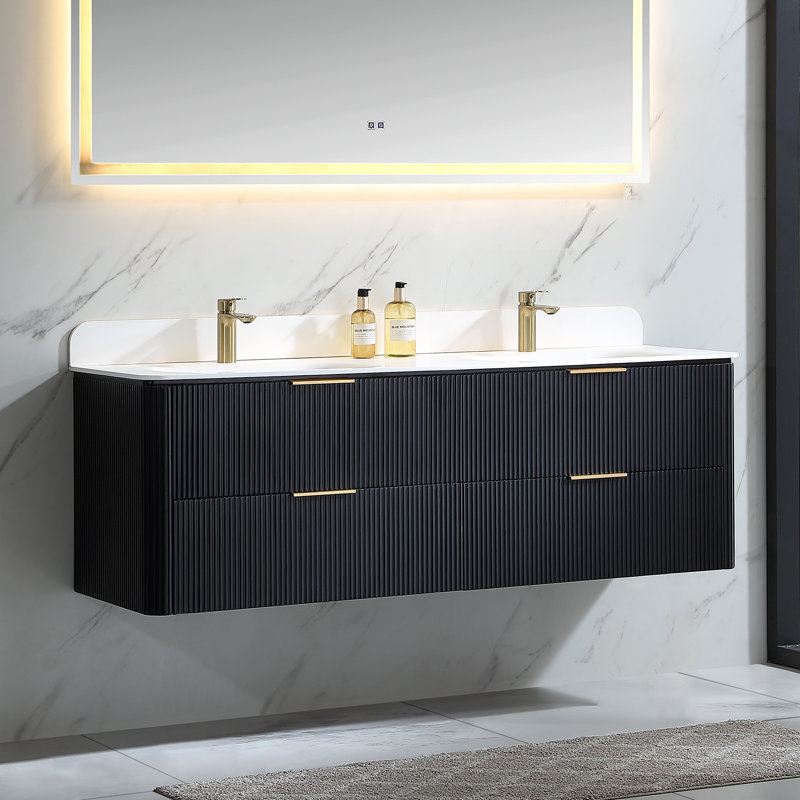 Meuble-lavabo mural flottant avec plateau en acrylique, Noir, 60"