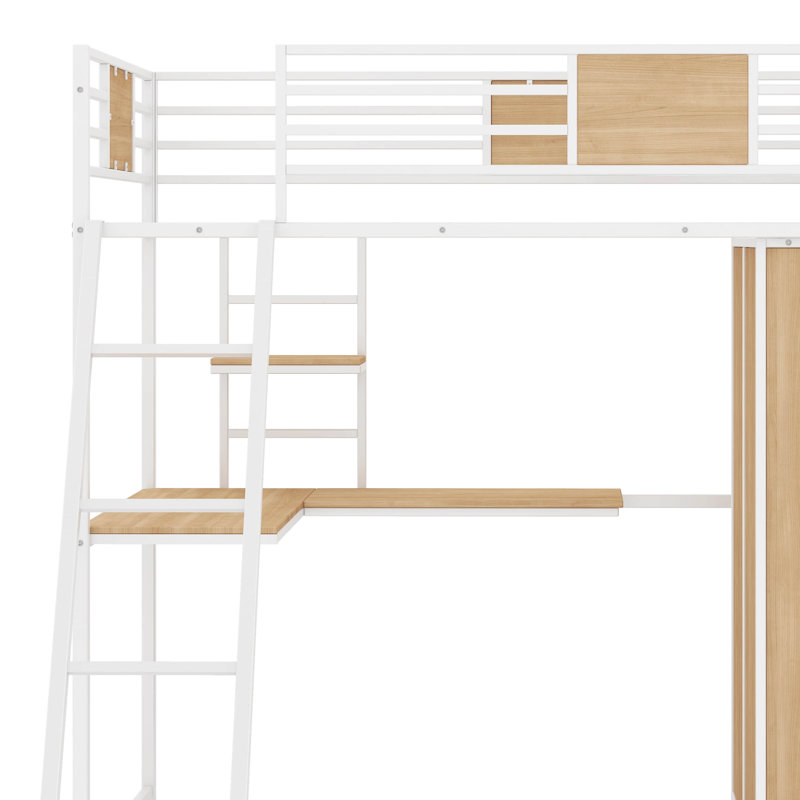 Lit mezzanine simple avec bureau en L et garde-robe, Blanc / brun clair