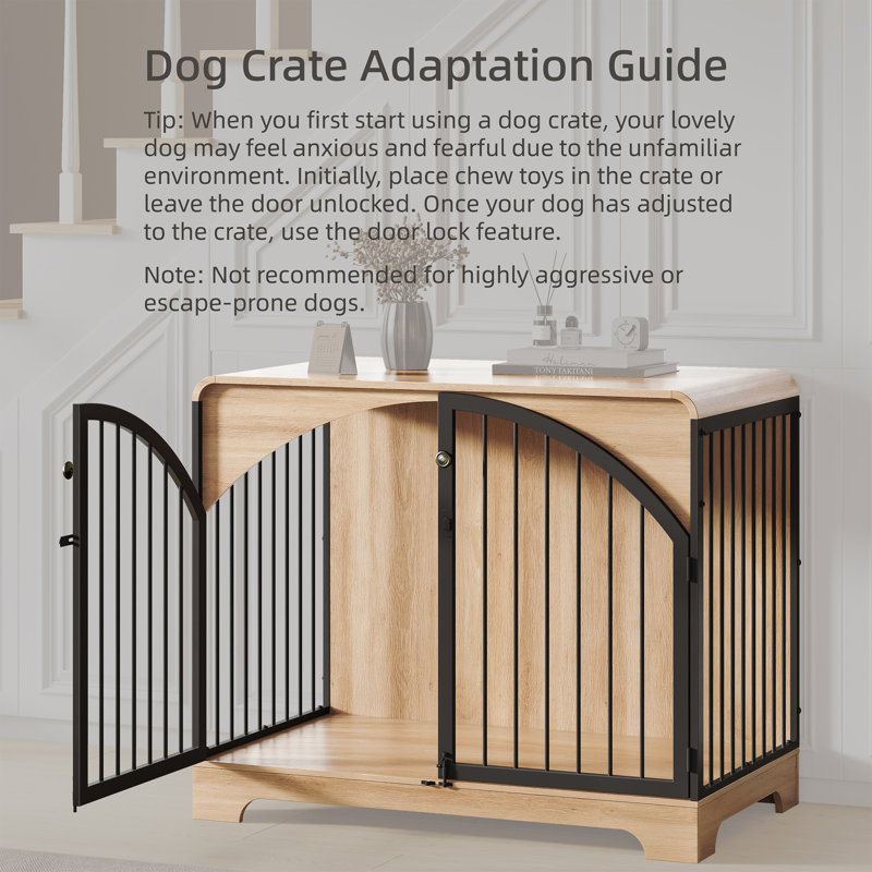 Meuble de 40 po avec cage pour chien de ferme, table de bout intérieure en bois pour chenil pour chiens de grande / moyenne taille, maisonnette décorative avec barres en métal arquées, chêne