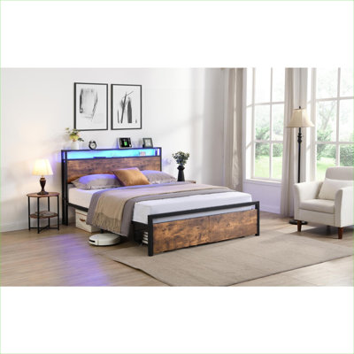 Storage-Focused Industrial Queen Platform Bed, LED Lights and Charging Station, MDF and Steel Build, Jet Black and Brown