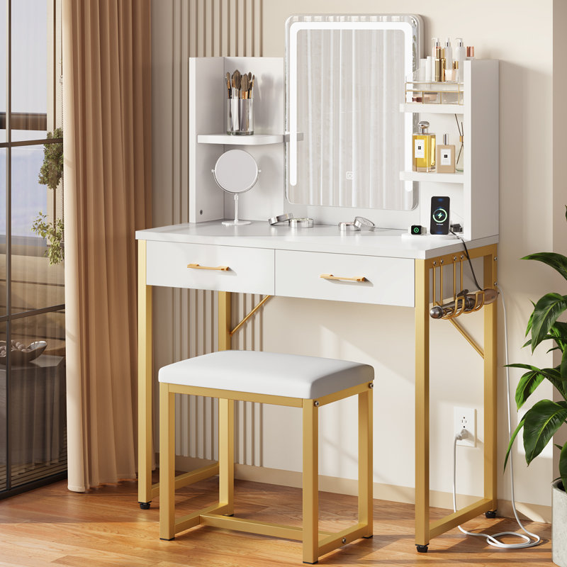 Makeup Vanity Set with Mirror and Lights,Vanity Desk with Drawers, Power Outlet & Cushioned Stool for Bedroom，Vanity Table Metal Leg & Adjustable Feet