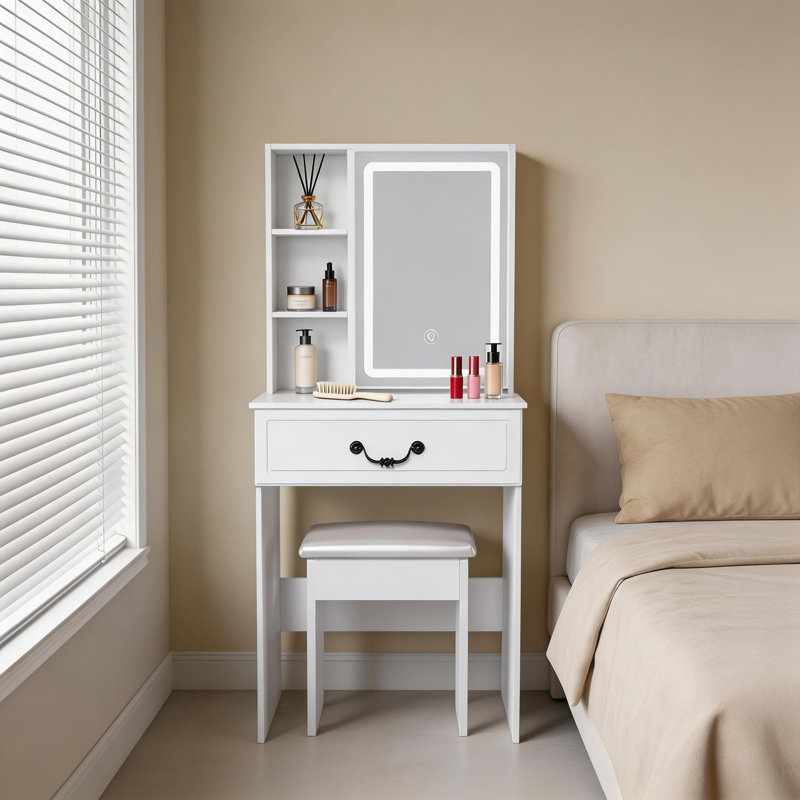 Modern Mini Dressing Table with LED Mirror, Adjustable Brightness, Hidden Storage, Padded Stool and Dust-Proof Shelves, White