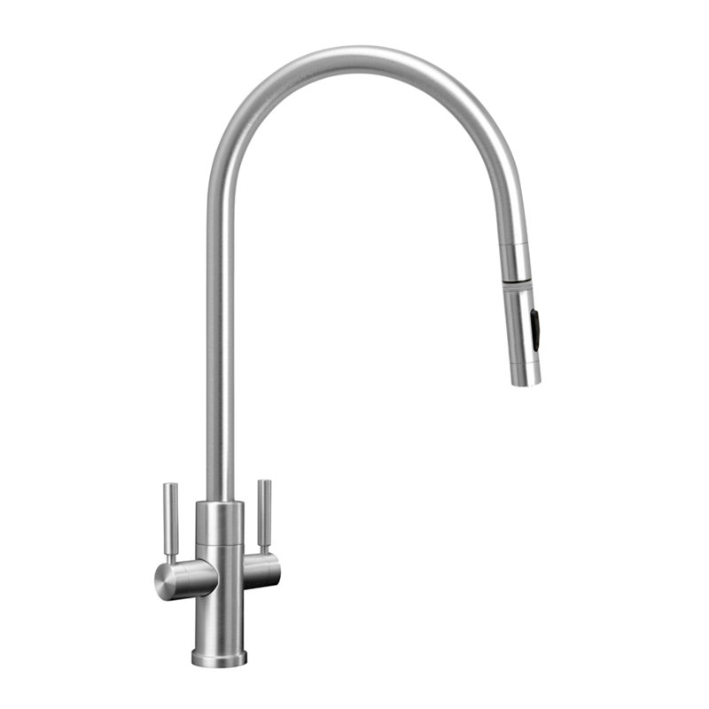 Modern Extended Reach 2 Handle Plp Pulldown Faucet - Toggle Sprayer, Unlacquered Polished Brass