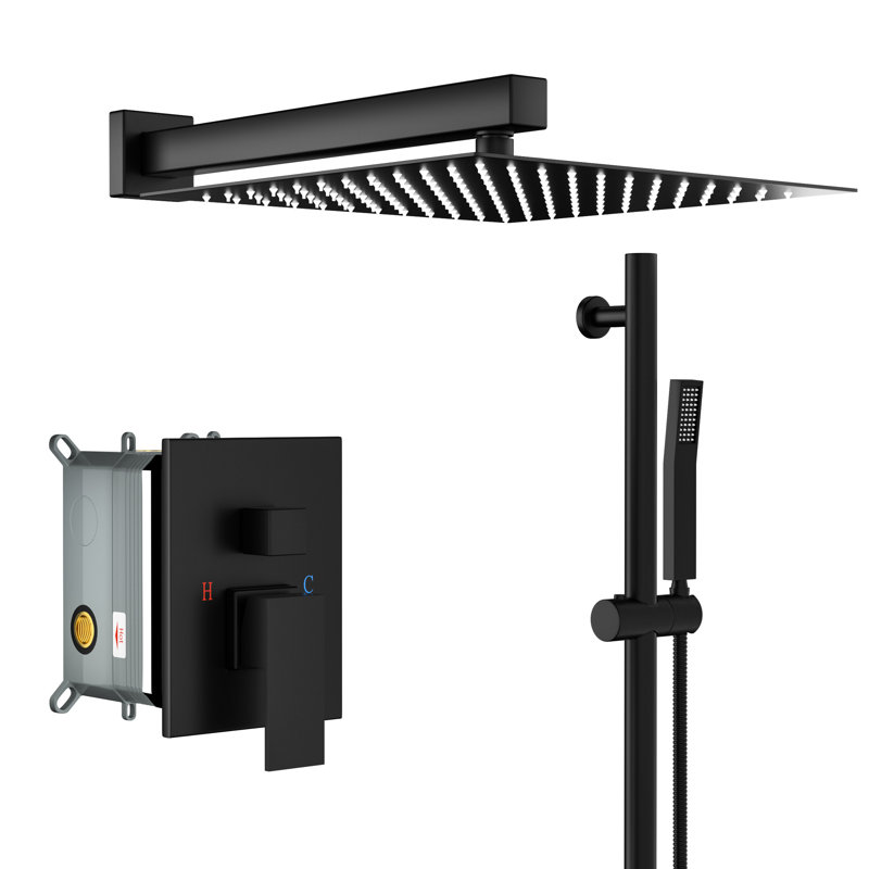 Matte Black Shower System With 12 Inch Square Head - Wall Mount, Adjustable Slide Bar, And Valve Spray Pattern In Mount Easy To Clean Nozzle, Dual