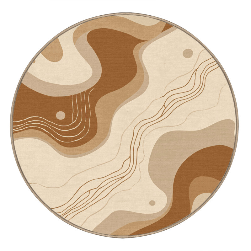 Machine Washable Bemott Eclectic Abstract Rug in Beige – Beige Binding, 6' Round
