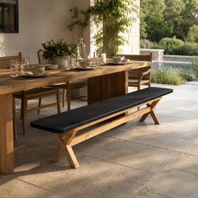Prashant Modern Indoor/Outdoor Matte Black 94.5" Poly-Fiber Bench With Acacia Wood Base