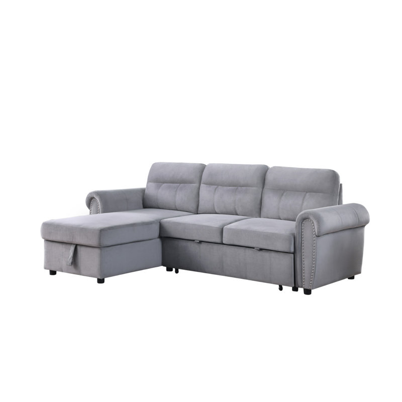 Ashton 96.5"W Gray Velvet Fabric Reversible Sleeper Sectional Sofa Chaise, Gray Velvet