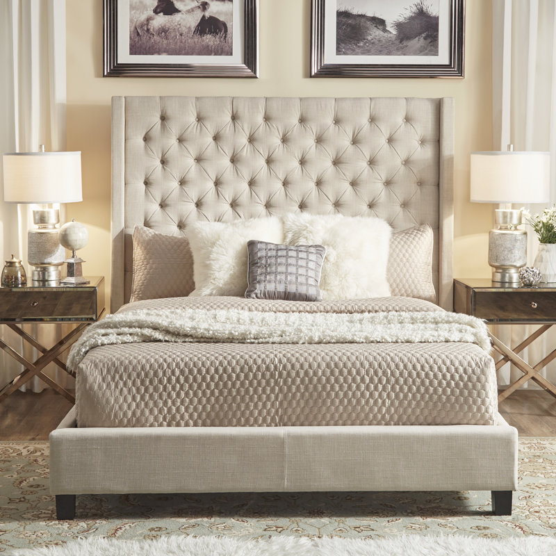 Lit plateforme tapissier capitonné standard à profil bas Kaster, Lin beige chiné, Grand