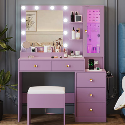 Vanity Desk with Mirror and Lights, Makeup Vanity with 5 Drawers and Hidden Jewellery Organizer