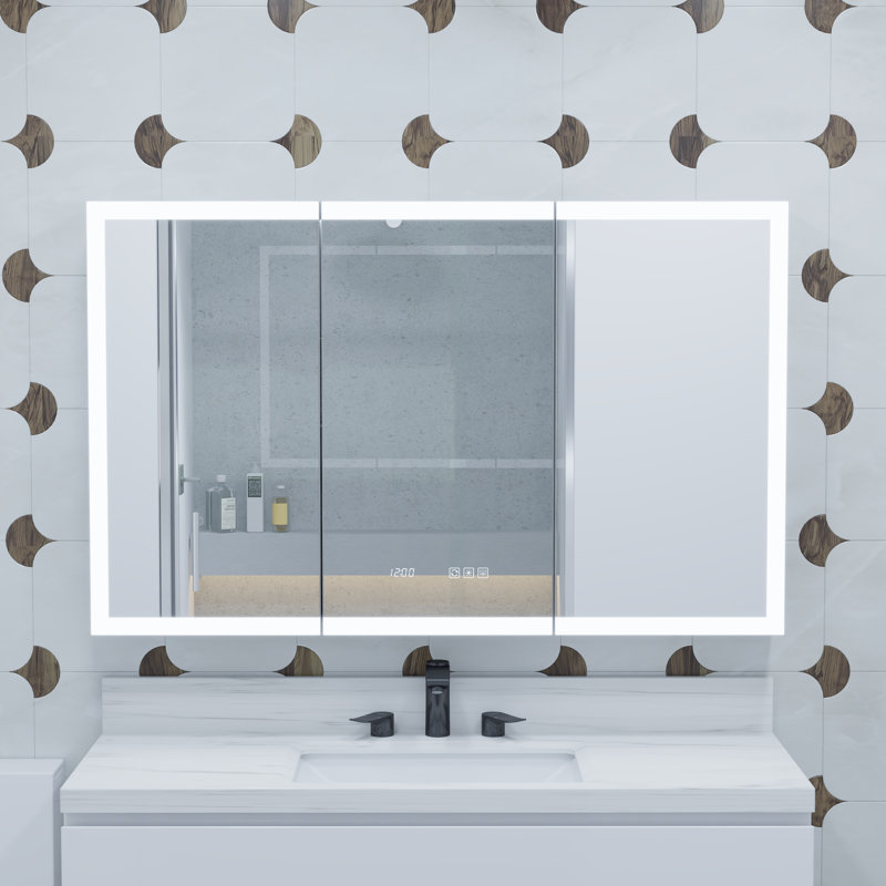 Pharmacie éclairée - Cadre en aluminium, à intensité variable / à DEL CCT, miroir anti-buée, horloge et thermomètre | Fixation en surface / encastrée, 2 prises + 2 prises USB, tablettes réglables, capteur de lumière intégré