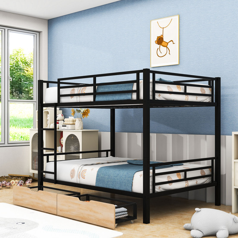 2 Drawers Metal Full Over Full Bunk Bed With Guardrails And Ladder, Convertible To 2 Beds