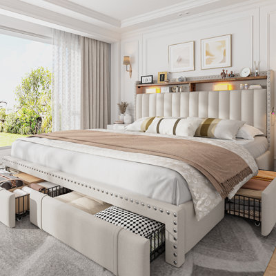 Jahlia Upholstered Storage Bed with 3 Drawers and 2-Tier Storage Headboard