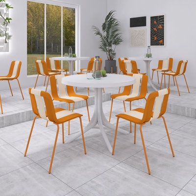 5 Piece Indoor/Outdoor Dining Set, 4 Modern Striped Color Block Chairs with PP Seat & Sturdy Metal Legs, 36 Inch White Round PP Table
