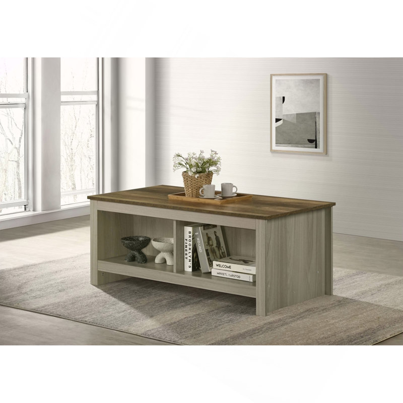 Table basse en chêne gris avec tablettes ouvertes à l'avant et à l'arrière Nilda