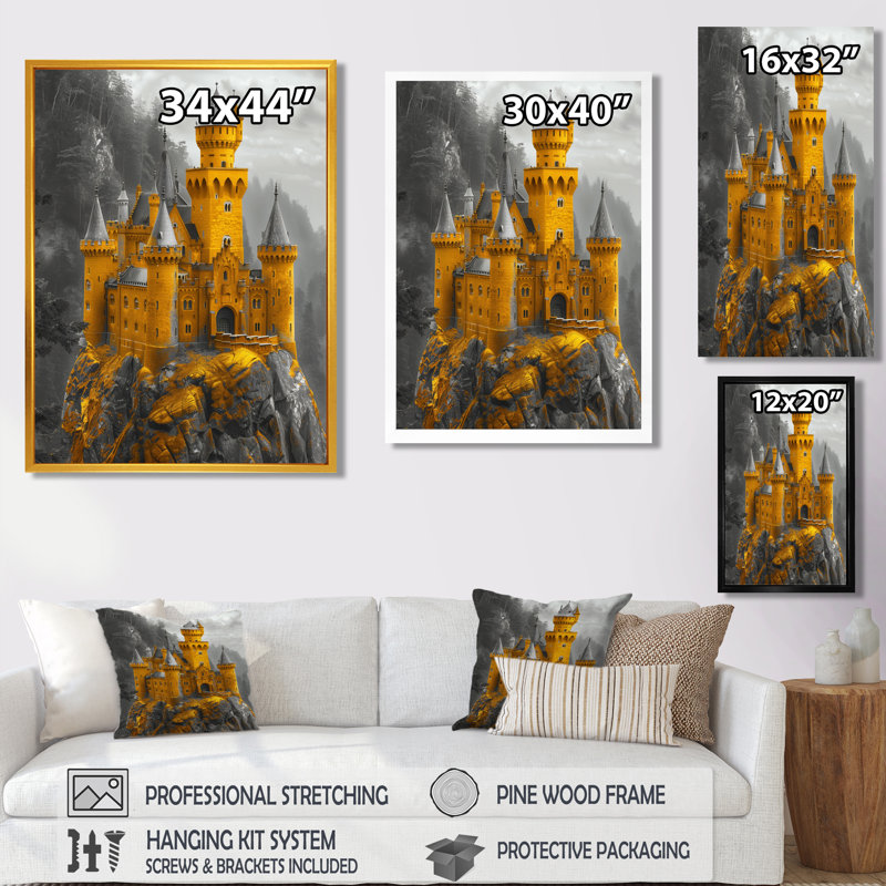 Monochromes de château forteresse en montagne II - impression d'art mural châteaux, Toile avec cadre flottant noir