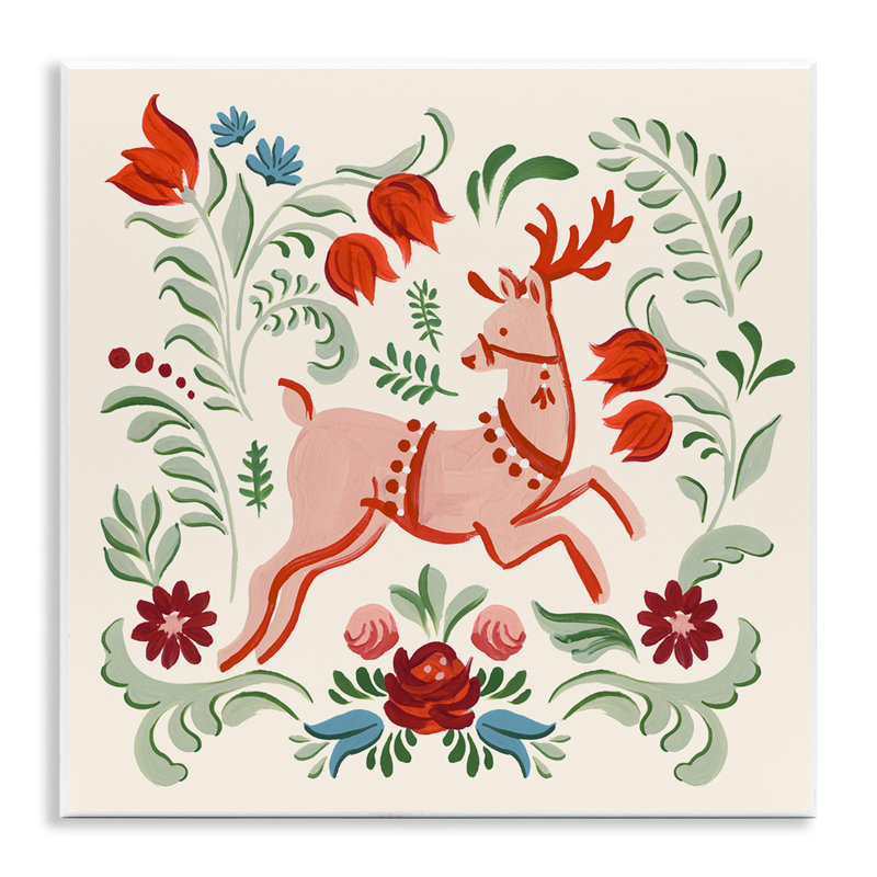 Pink & Green Floral Reindeer Wall Plaque Art, design by Victoria Barnes