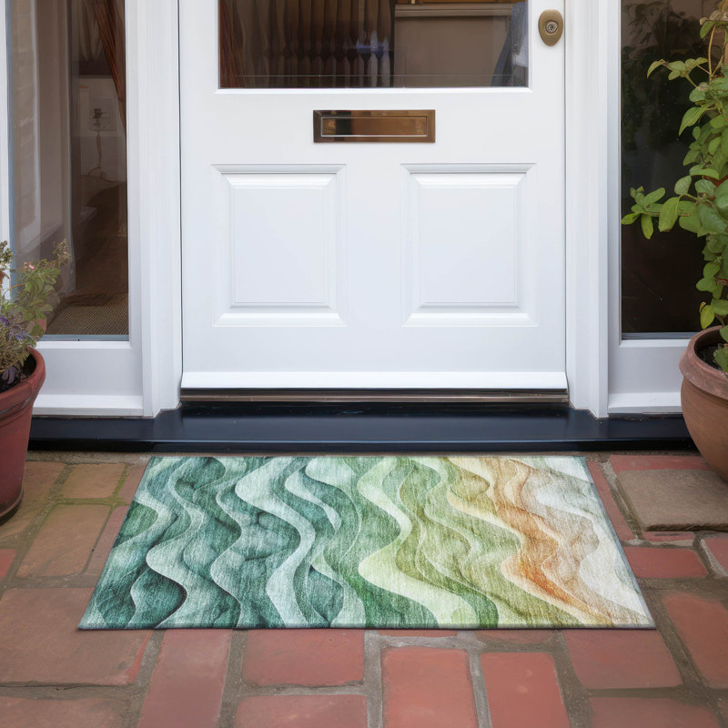 Machine Washable Indoor/Outdoor Christain ACN1242 Teal Rug, Rectangle 1'8" x 2'6"