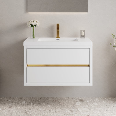 36" Wall-Mounted Bathroom Vanities Floating Single Sink Vanity with Stone Resin Top Basin, 2 Soft Close Drawers, White