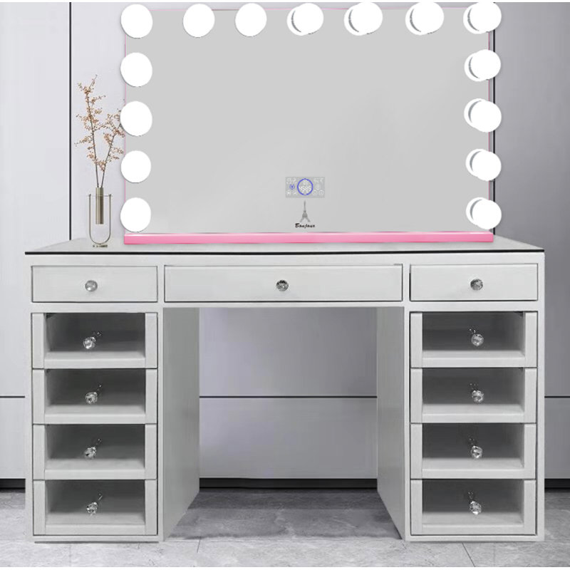 Ensemble coiffeuse Hollywood avec miroir, Rose, H 33,5 po x l 43,5 po