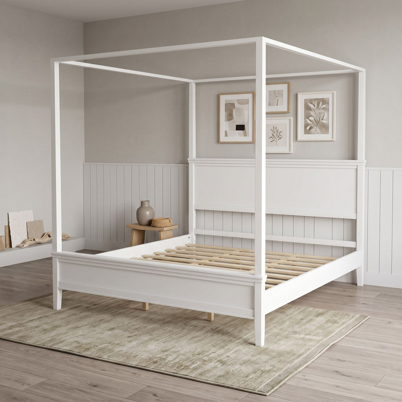 Wood Canopy Platform Bed with Headboard and Slats, Très grand lit, Blanc