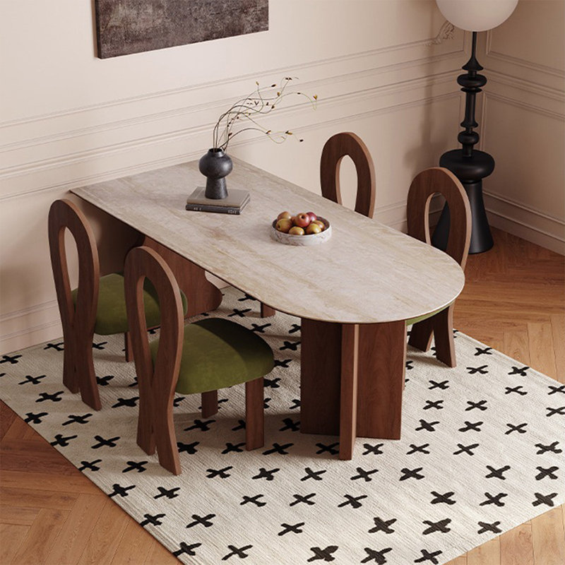 Ensemble de table de salle à manger pour 4 personnes beige + demi-cercle en fritté pierre + bois manufacturé