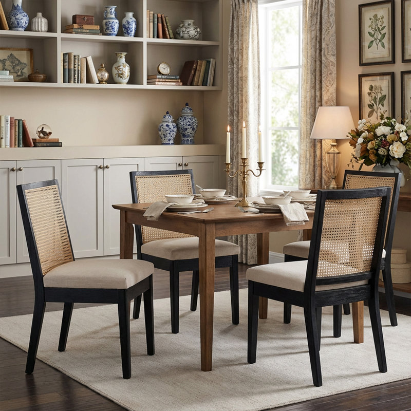 Arnkell Side Chair Dining Chairs Modern Solid Wood Dining Chair with Rattan Backrest, Black, Linen Beige