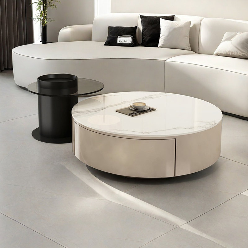 Table basse moderne simple ronde, Blanc, H 12,2 po x L 35,4 po x l 35,4 po, Noir, noir, noir, noir