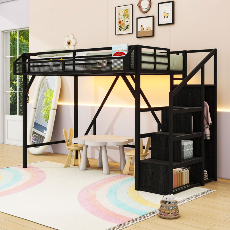Metal Loft Bed with USB Ports, Shelves, Light Strip and Stairs, Twin XL, Black