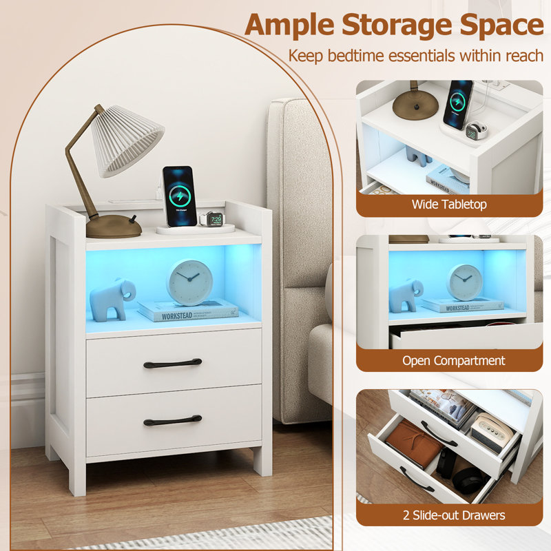 Nightstand LED Bedside Table With LED Lights & Power Outlets, White