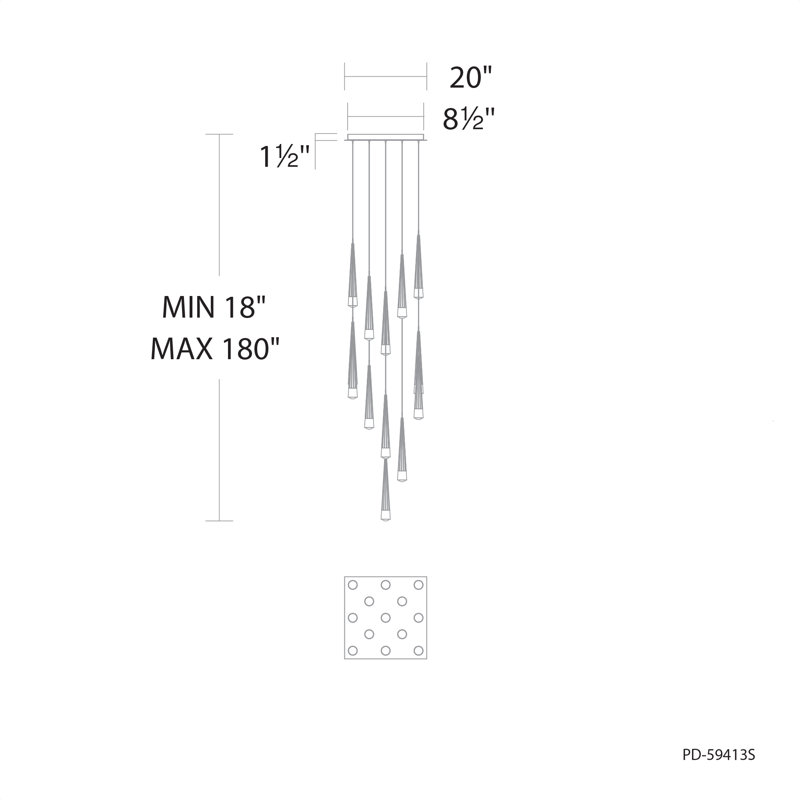 Luminaire suspendu grappe 13 lumières Quill Square, Laiton vieilli